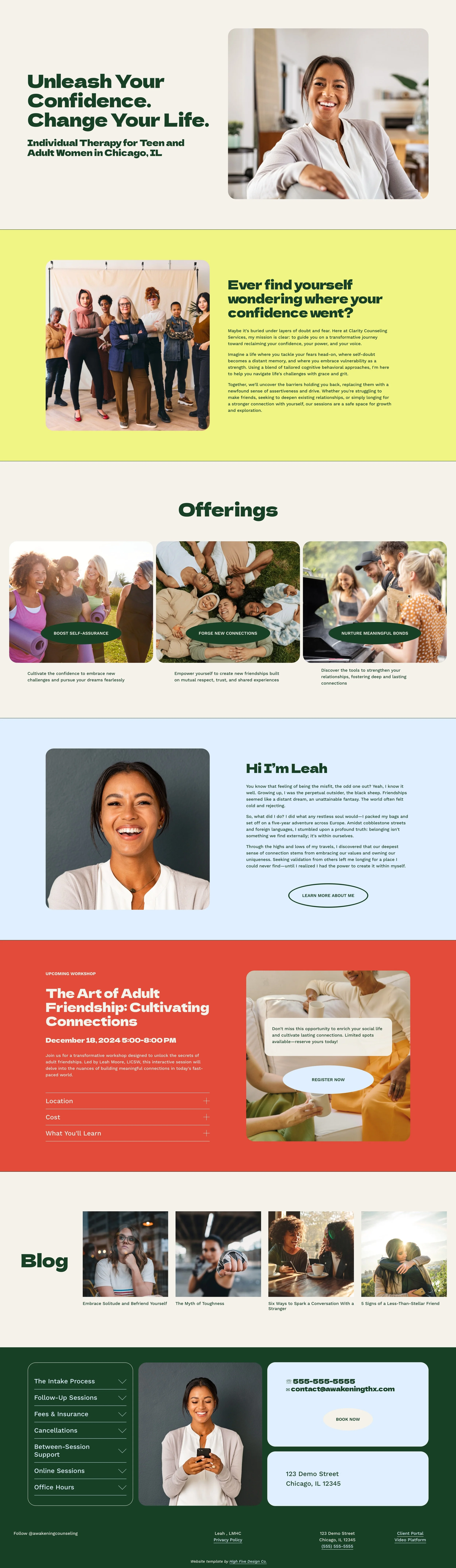 A website layout with a focus on confidence and therapy for women in Chicago, IL. Features include a smiling woman, group photos, text sections about therapy offerings, a section titled 'The Art of Adult Friendship' workshop, and a blog with images and articles. Contact details and location at the bottom.