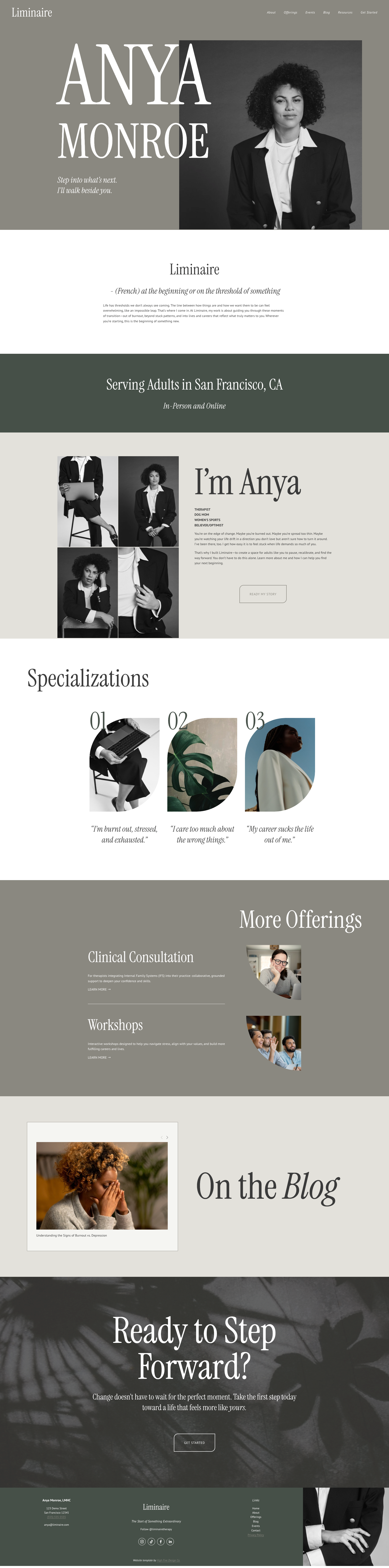 A website homepage for Anya Monroe, a mental health and wellness professional, featuring a black-and-white portrait of her and sections about her services, specialties, blogs, and contact information.