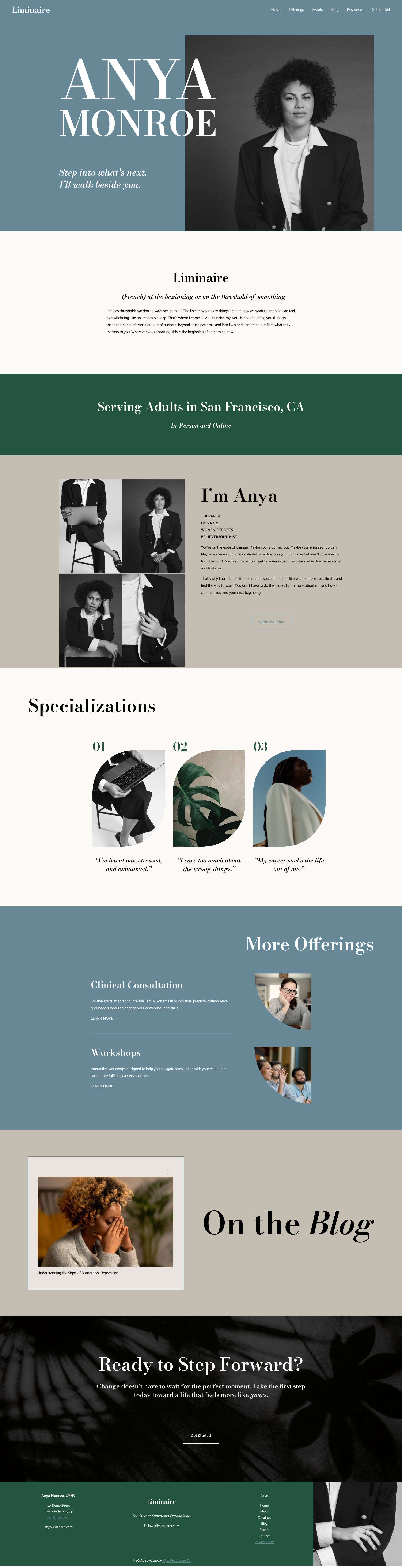 The Liminaire Squarespace website template shown in blue, green and gray colors.
