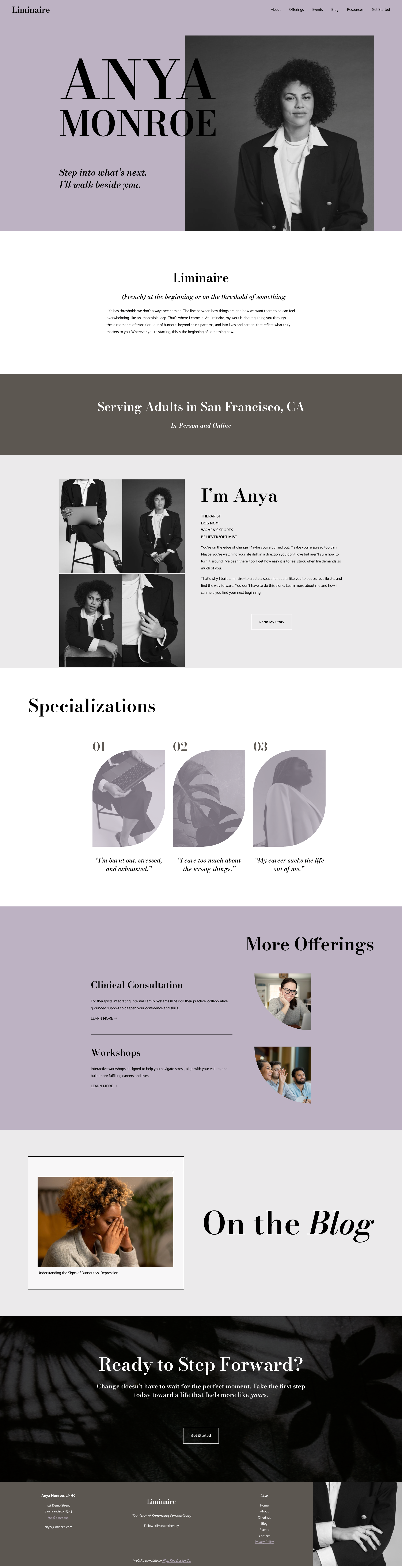 The Liminaire website for therapists, a modern, editorial site shown in black, gray, and lavender.