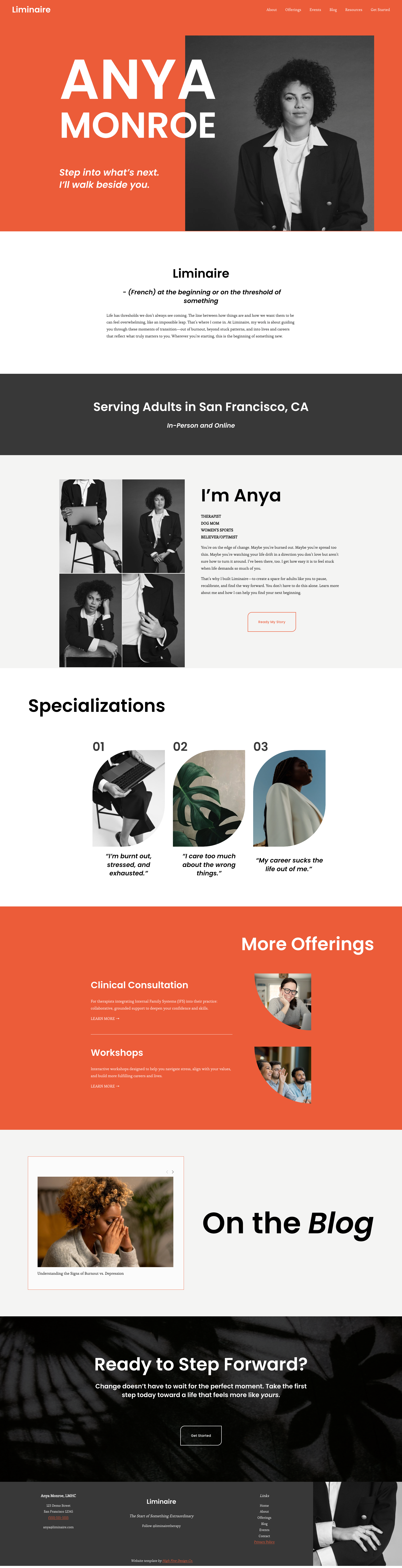 The Liminaire website for therapists, a modern, bold editorial site shown in black, gray, and red.