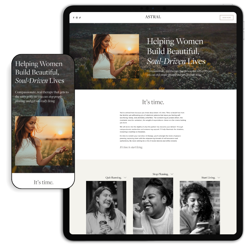 Astral offers a complete, flowing one-page design for therapists and coaches. With peaceful visuals and dynamic elements, it highlights your clinical focus areas and services while creating a calming online atmosphere.