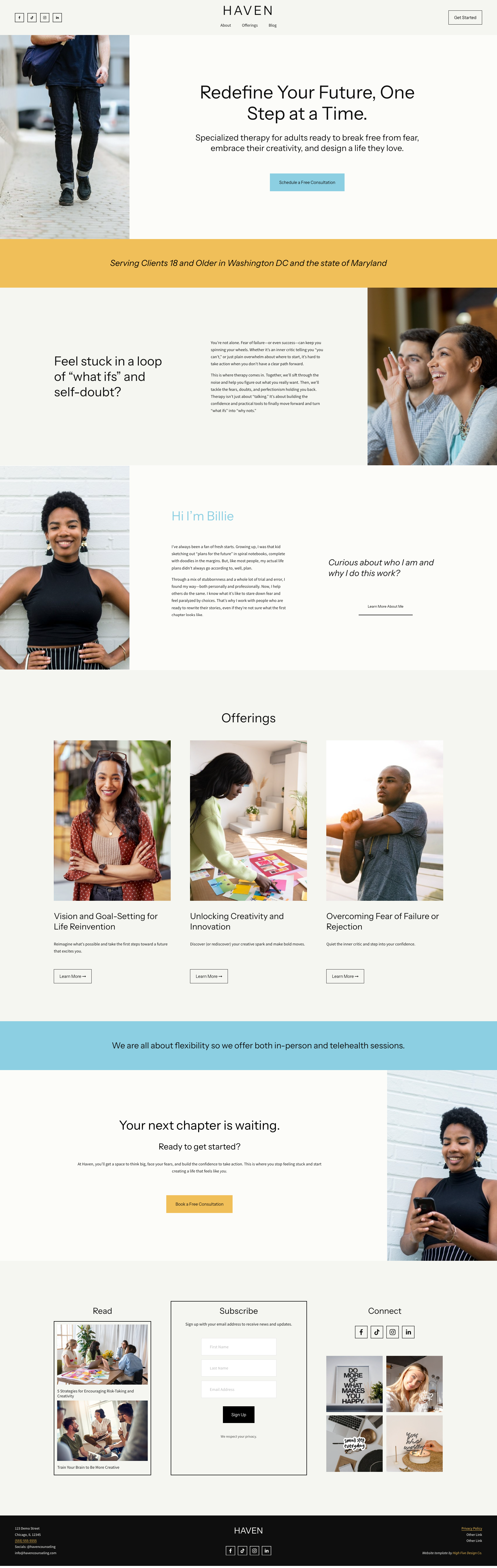A website homepage for HAVEN, a therapy and coaching service. Features a man walking on a city sidewalk at the top left, and a photo of smiling diverse people at the bottom right. The page includes sections about mental health services, offerings, and contact information.