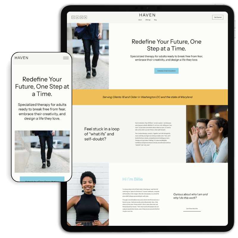 Responsive website homepage for HAVEN with a minimal design, featuring a header, large hero text 'Redefine Your Future, One Step at a Time,' and sections about therapy for adults. The page includes a photo of a woman walking, a smiling woman with short hair, and a group of people smiling and clapping.
