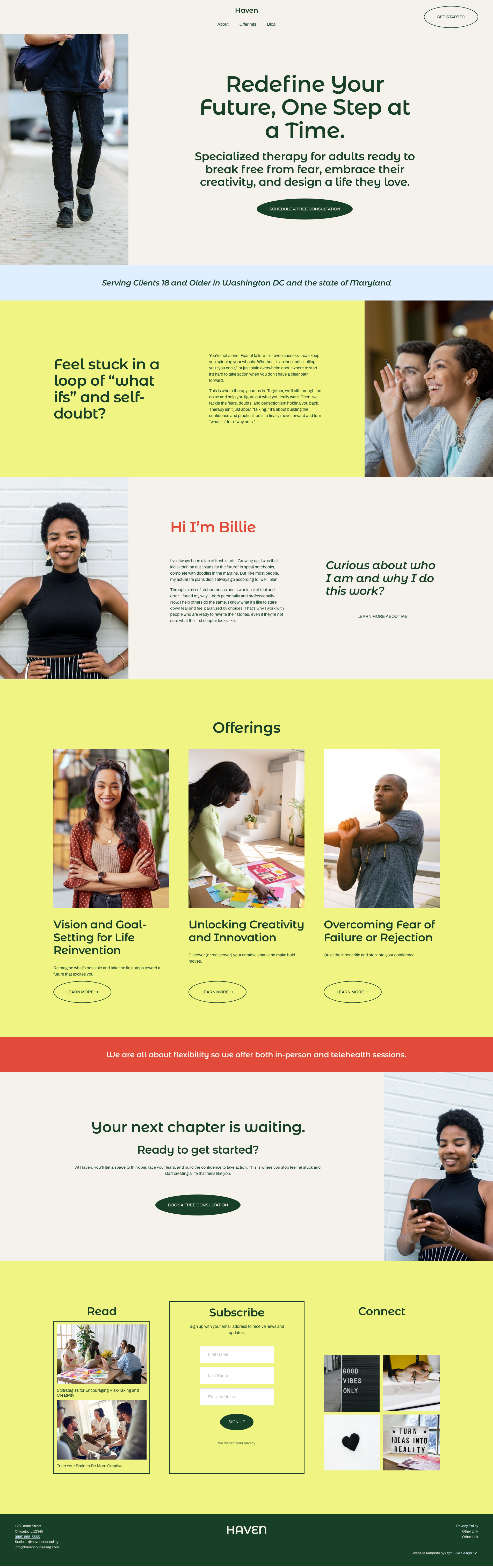 A colorful example home page on a therapist website for a therapy center called Haven, featuring a smiling young woman with short curly hair, and sections about therapy offerings and client success stories.