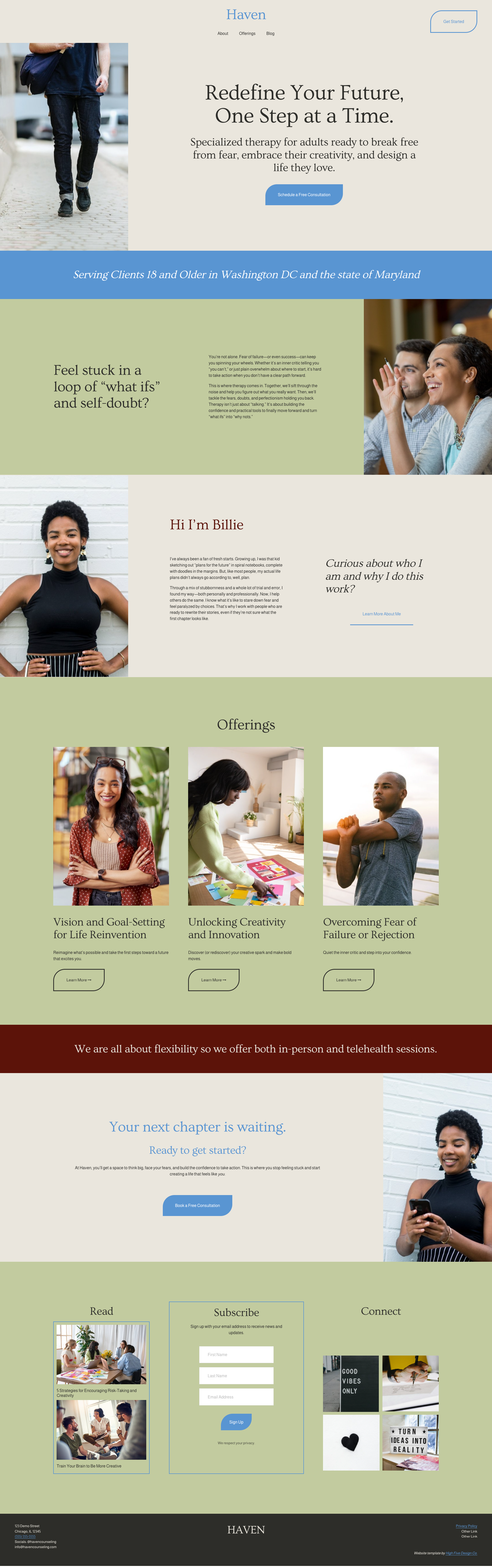 Home page of Haven therapy website template with a header, testimonials, and offer sections, featuring images of diverse individuals and information about therapy services for adults.