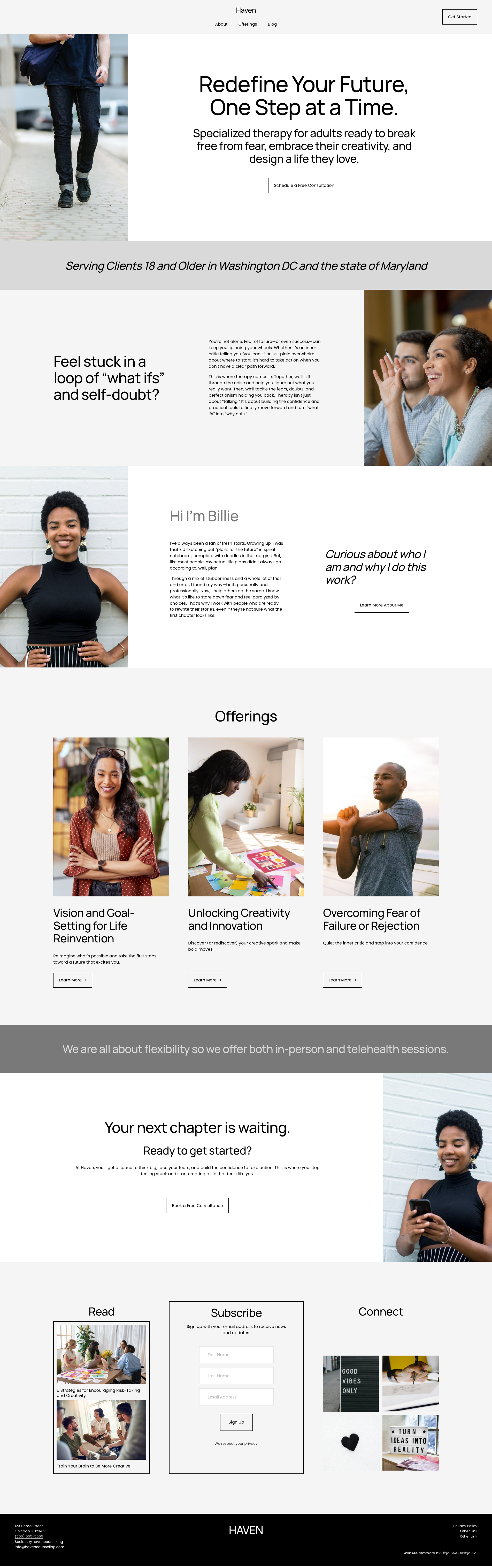 Therapist website template features inspirational headings, images of diverse people smiling, and sections describing offerings like goal-setting, creativity, and overcoming fear.