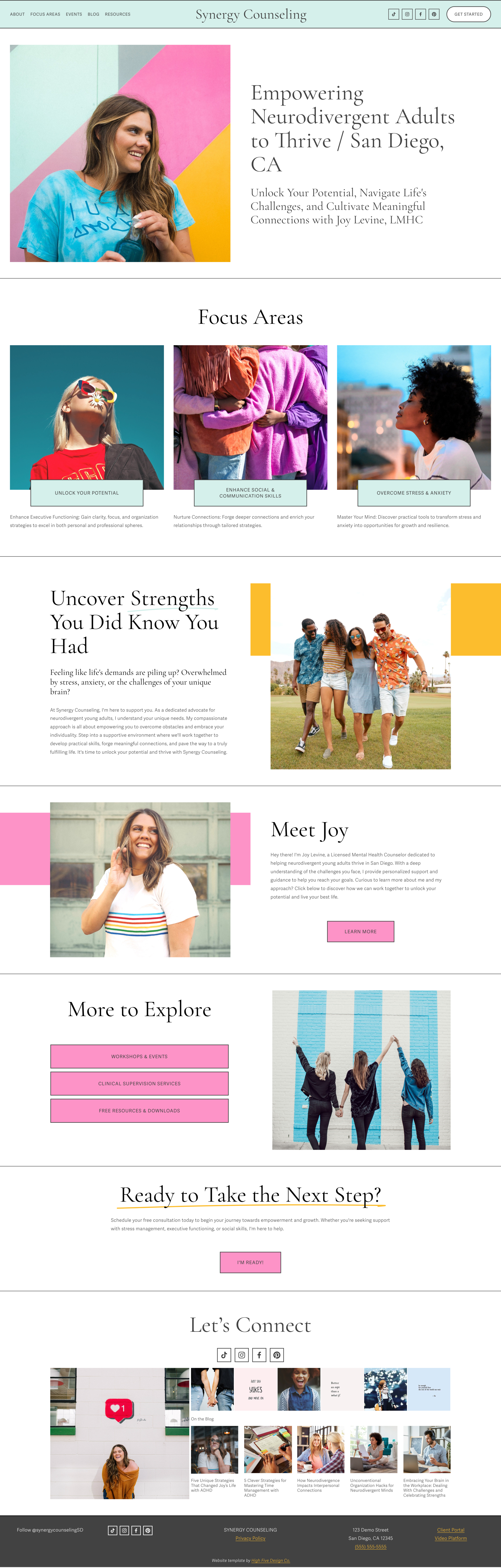 Synergy is a vibrant, cheerful website template for private practice therapists and coaches. Its bright colors and playful design create an energetic, welcoming online presence that captivates clients and reflects your dynamic style.