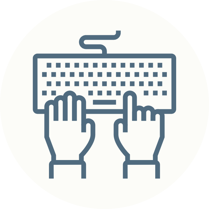 Illustration of two hands typing on a computer keyboard with a cable connected at the top.