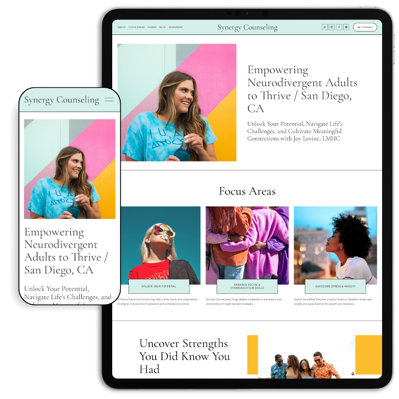 Synergy is a bright, dynamic template for therapists and coaches. Its clean design, cheerful colors, and playful visuals make it perfect for creating a positive, approachable space for your clients.