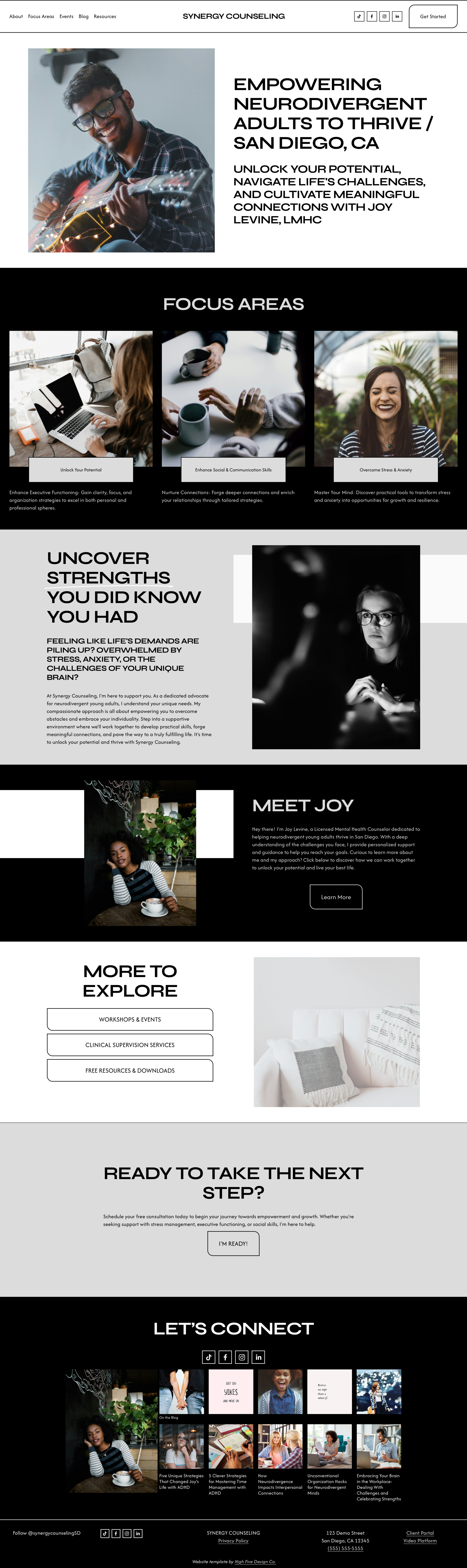 Synergy Counseling website promoting neurodivergent adult support services in San Diego. Includes focus areas like stress management and communication skill development. Features an image of a man playing a guitar and a counselor named Joy Levine, LMHC. Offers workshops, clinical supervision services, and free resources. Contact information and social media links provided.