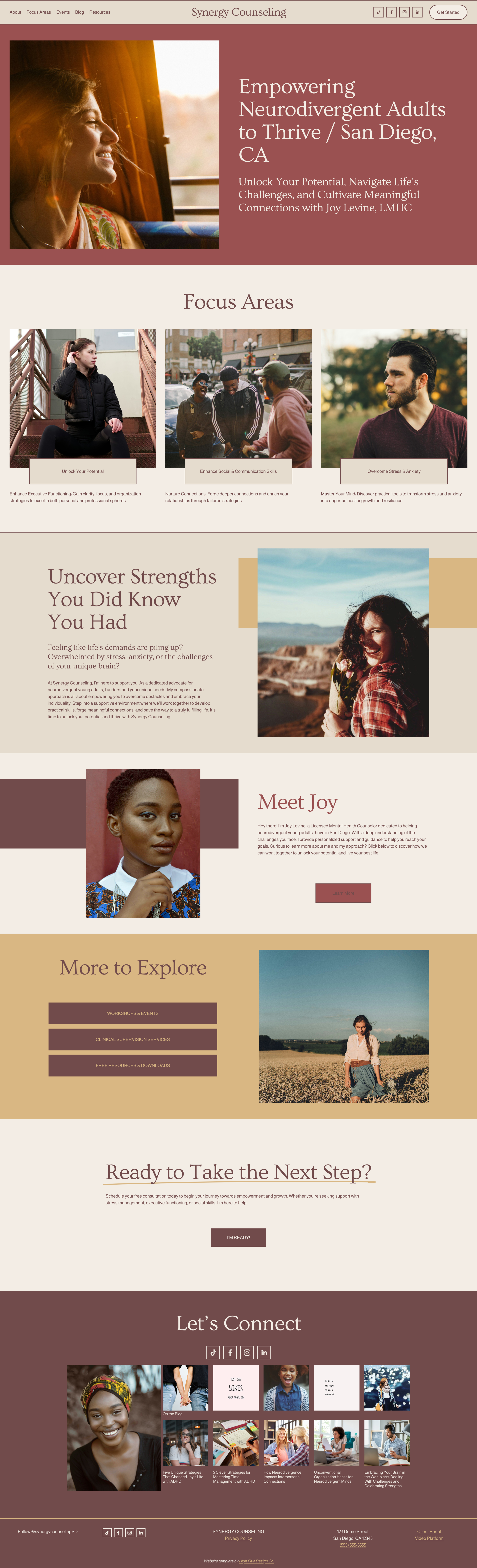 Website for Synergy Counseling with sections such as Empowering Neurodivergent Adults, Focus Areas, Uncover Strengths, and Meet Joy. Features images of diverse individuals, therapy concepts, and contact information. Emphasizes mental health support and resources in San Diego, CA.