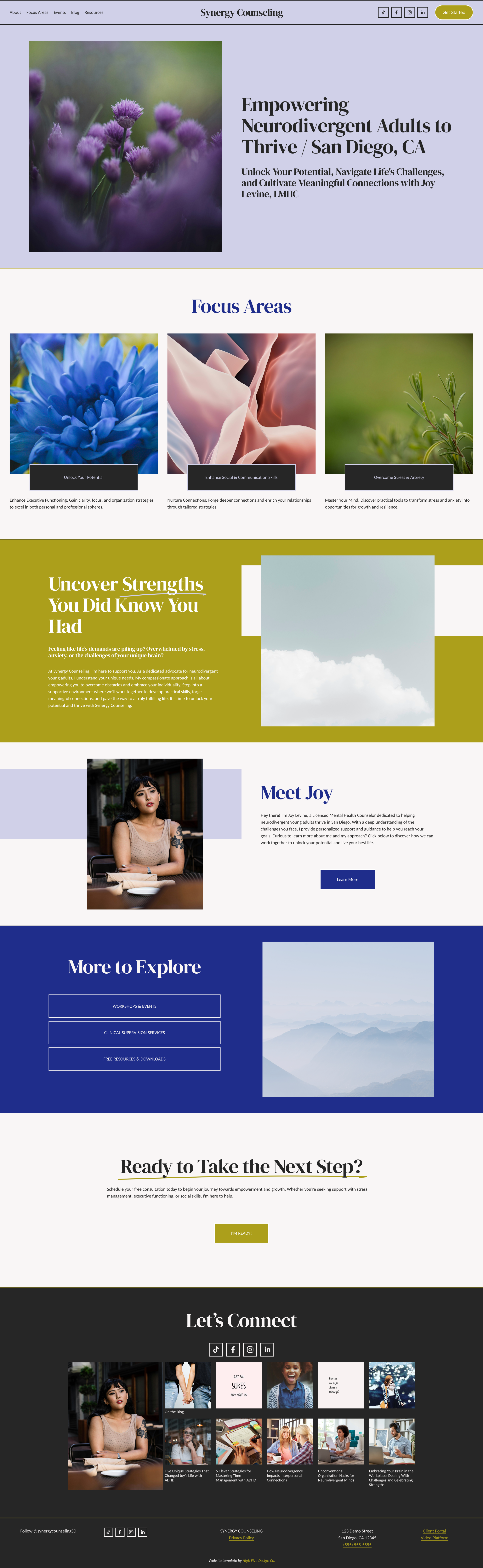 Website screenshot for Synergy Counseling, featuring a header with flowers and a tagline about empowering neurodivergent adults in San Diego. Focus areas include unlocking potential, strengthening communication, and developing resilience. The page highlights a section "Meet Joy" with a photo, plus various buttons and images for navigation. Contact and social media links are available at the bottom.