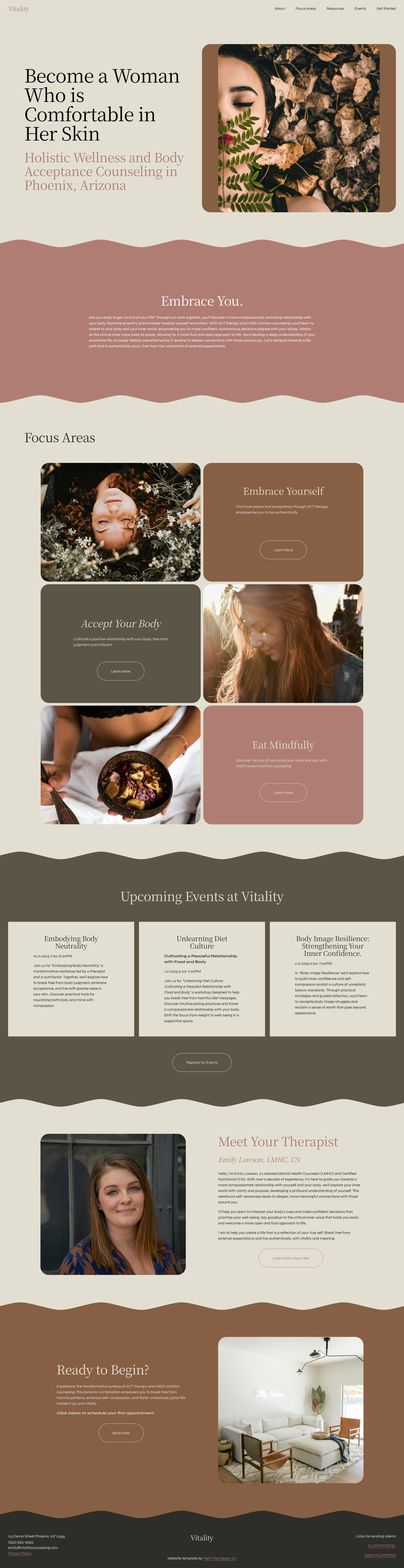 Webpage layout for Vitality counseling in Phoenix, Arizona, featuring holistic wellness services and body acceptance. Includes images of women in nature, a bowl of fruit, and cozy interiors. Offers focus areas like embracing yourself and mindful eating, upcoming events, and therapist introduction.