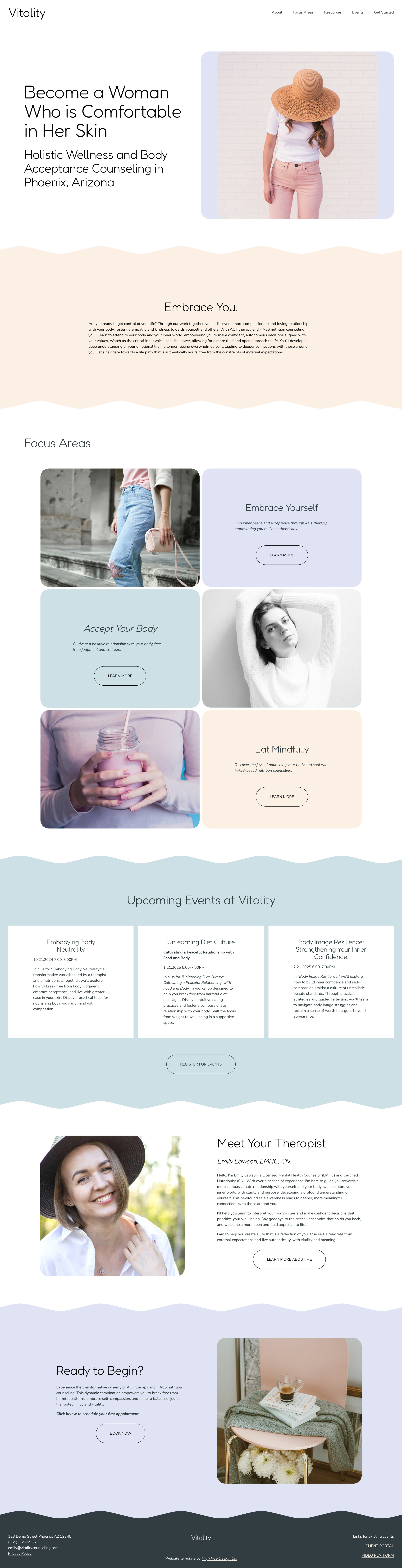 Website homepage for Vitality offering holistic wellness and body acceptance counseling in Phoenix, Arizona. Features services like embracing yourself, accepting your body, and mindful eating. Includes information on events, a meet your therapist section, and contact details.