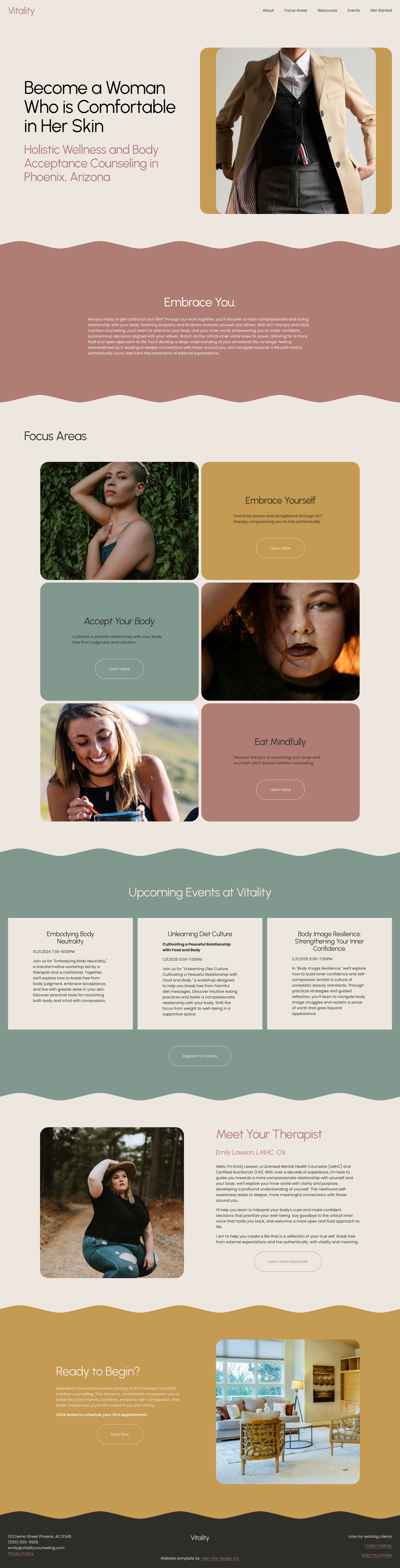 Webpage for Vitality offering holistic wellness and body acceptance counseling in Phoenix, Arizona, featuring images of women, descriptions of services, focus areas, upcoming events, and therapist introduction.