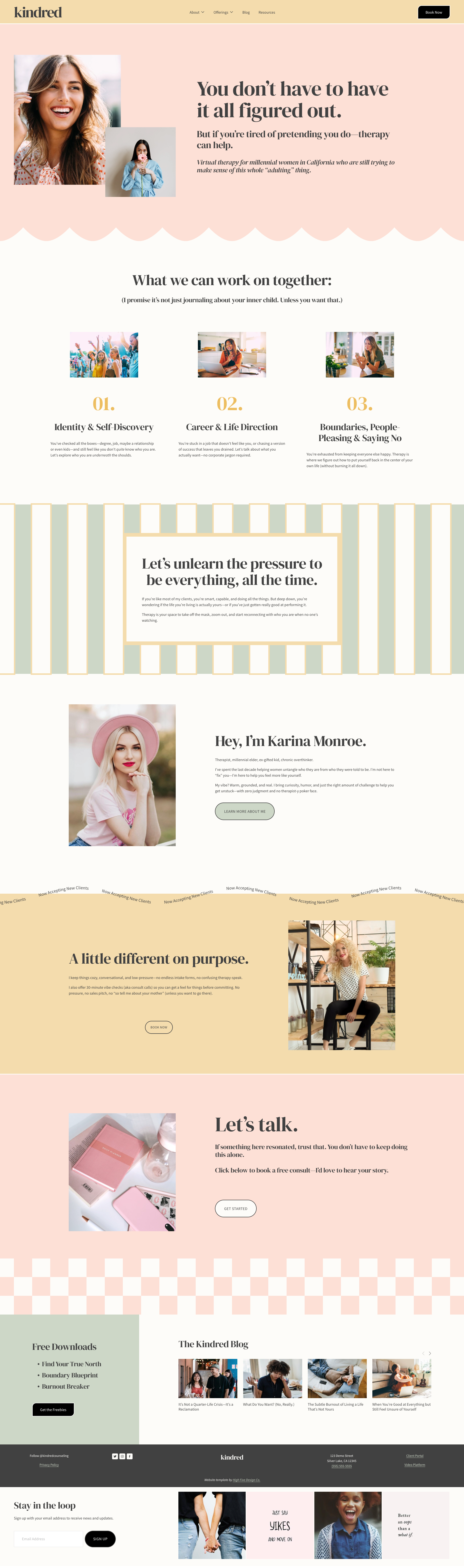 A webpage with a calming pastel color scheme, featuring images of smiling women, text about therapy services, and sections about the practitioner, Karina Monroe, and her approach to therapy.