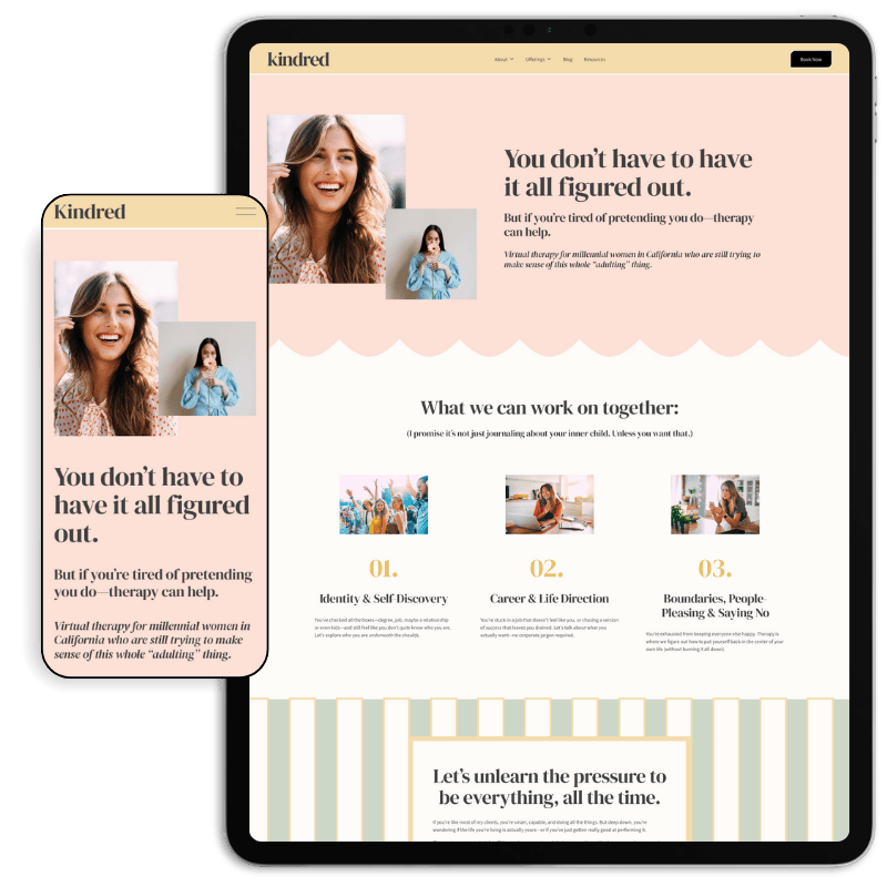 Feminine therapy website for millennial women with calming pink and beige color scheme.