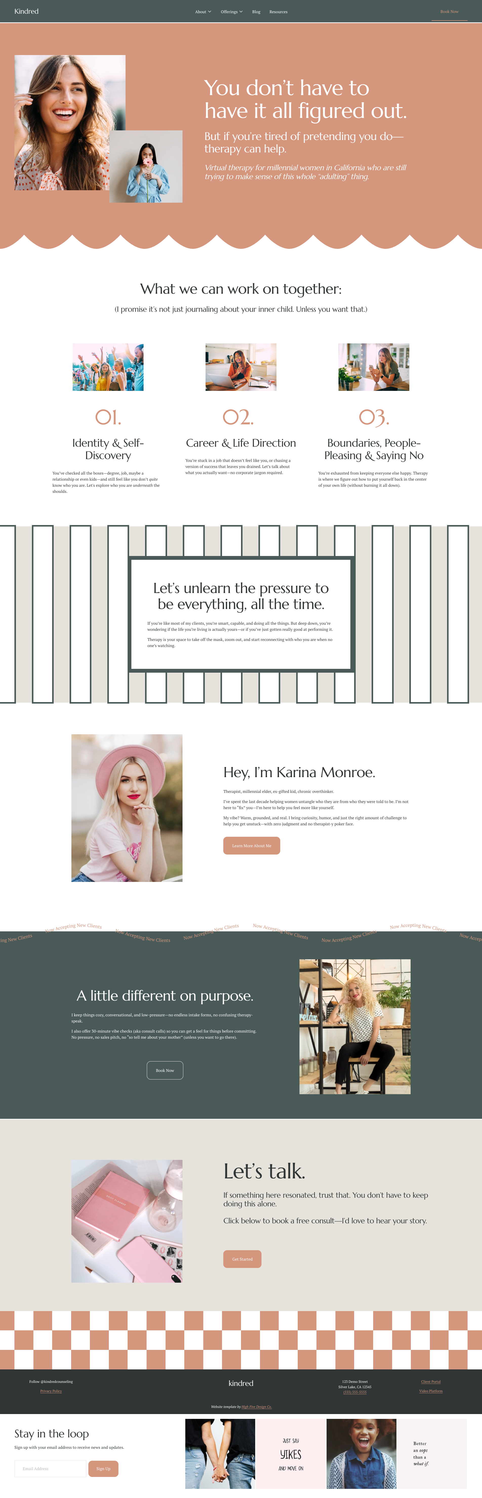 Website homepage for Kindred therapy service shown in warm salmon and green.