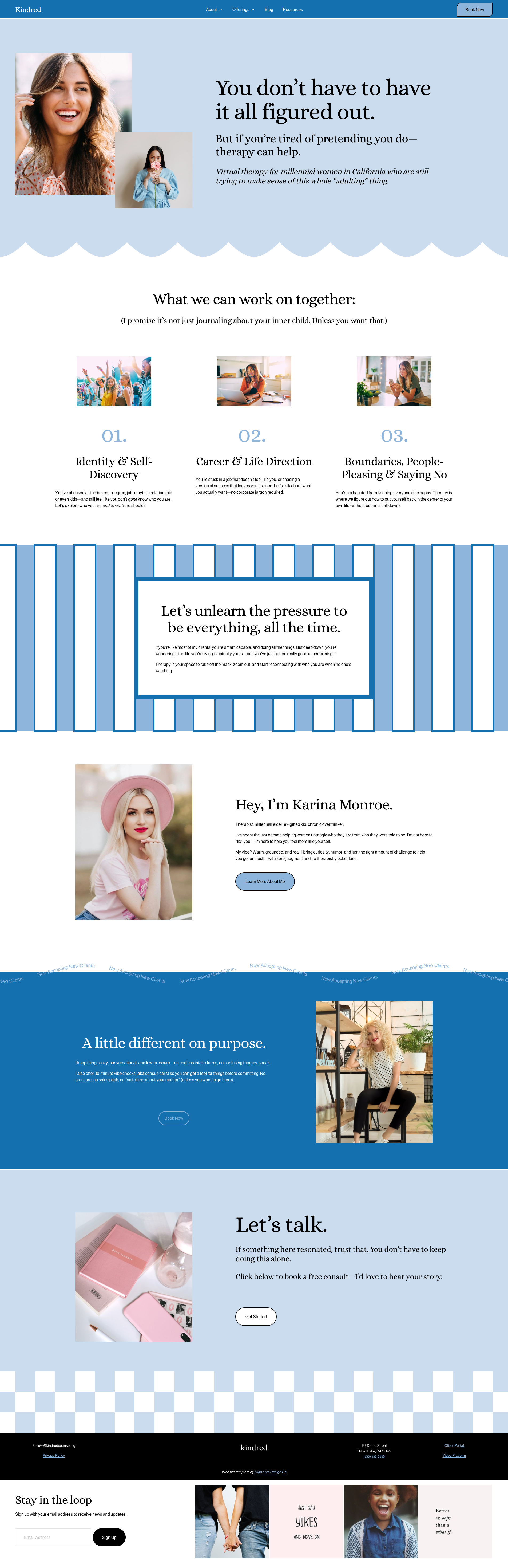 A blue and white color scheme on the Kindred website template for therapists.