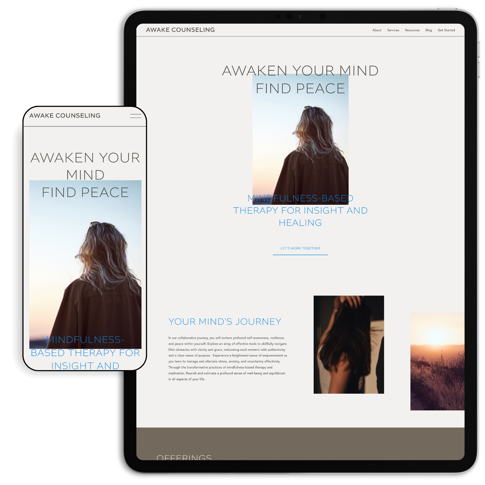 Awake is a peaceful, minimalist website template for therapists and coaches. With soft colors and a clean, open design, it helps create a calming, reflective space for clients exploring your private practice services.