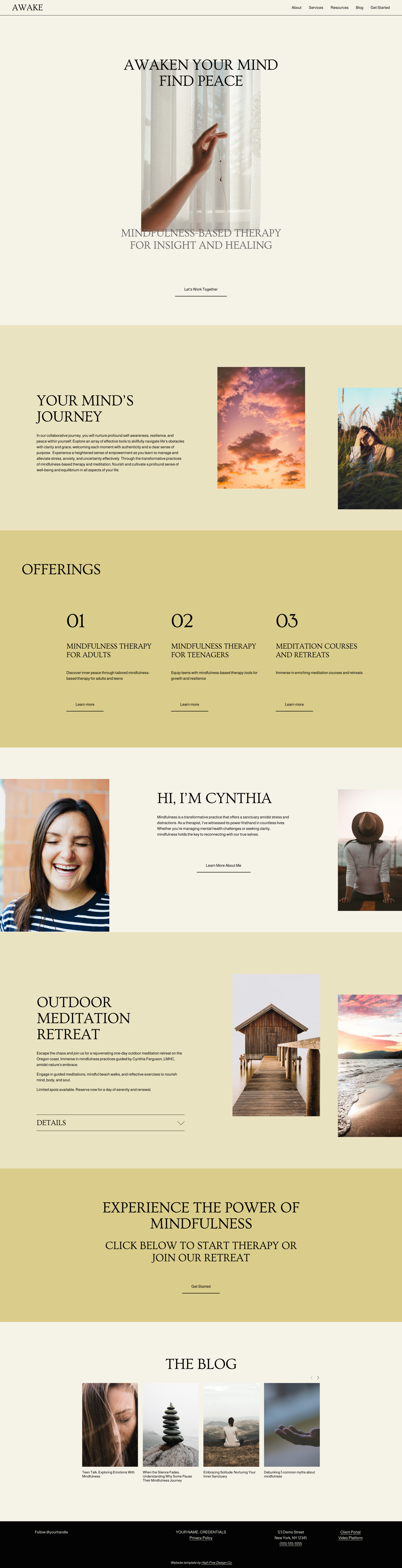 Website homepage screenshot for 'Awake' offering mindfulness-based therapy. Features a serene hand reaching towards light, sections like 'Offerings' for therapy types, introduction by Cynthia, an outdoor meditation retreat, and a blog.