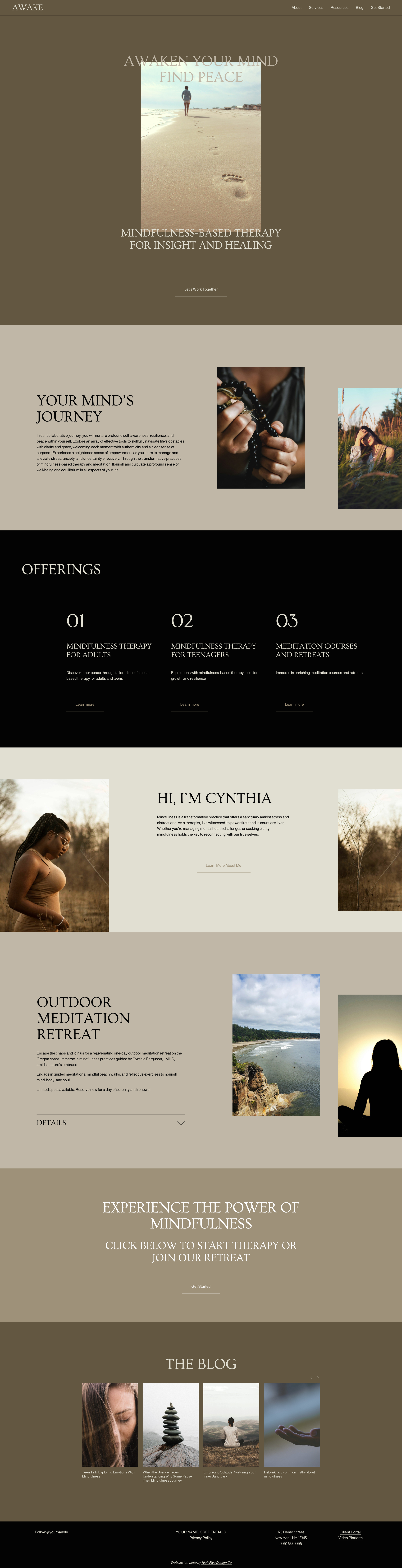 Mindfulness therapy website homepage layout