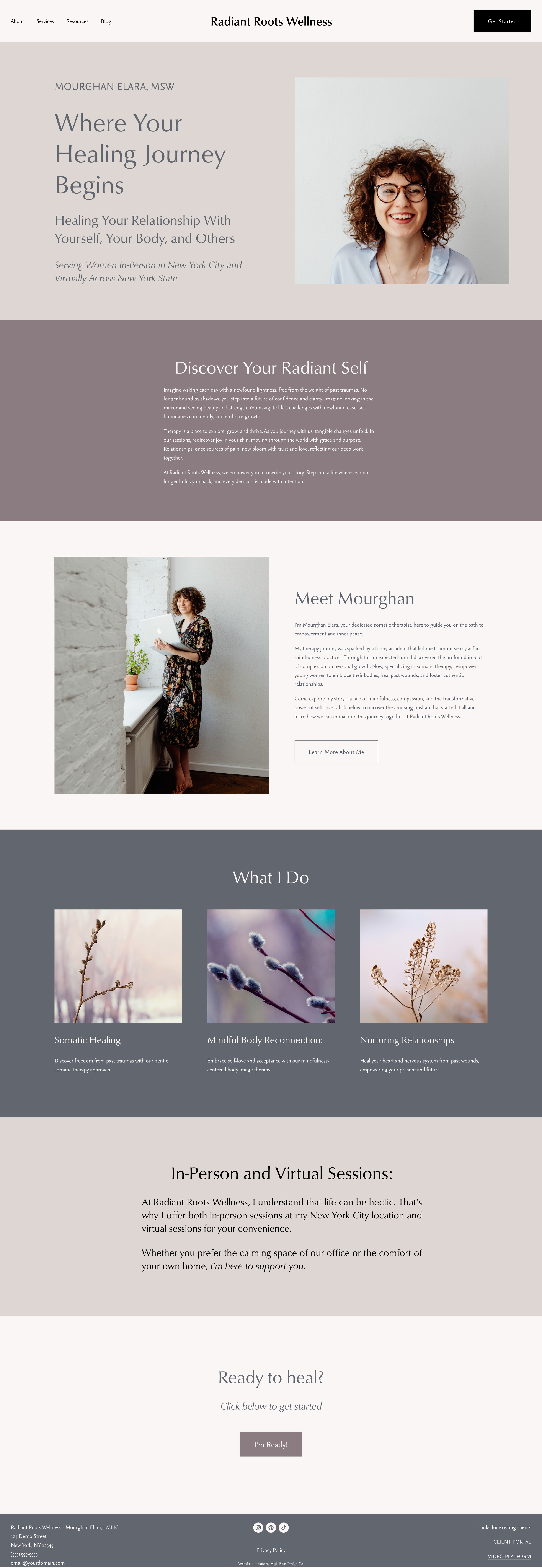 Radiant Roots is a Squarespace website template built for therapists and coaches who want a soft, earthy, minimalist website for their private practice.