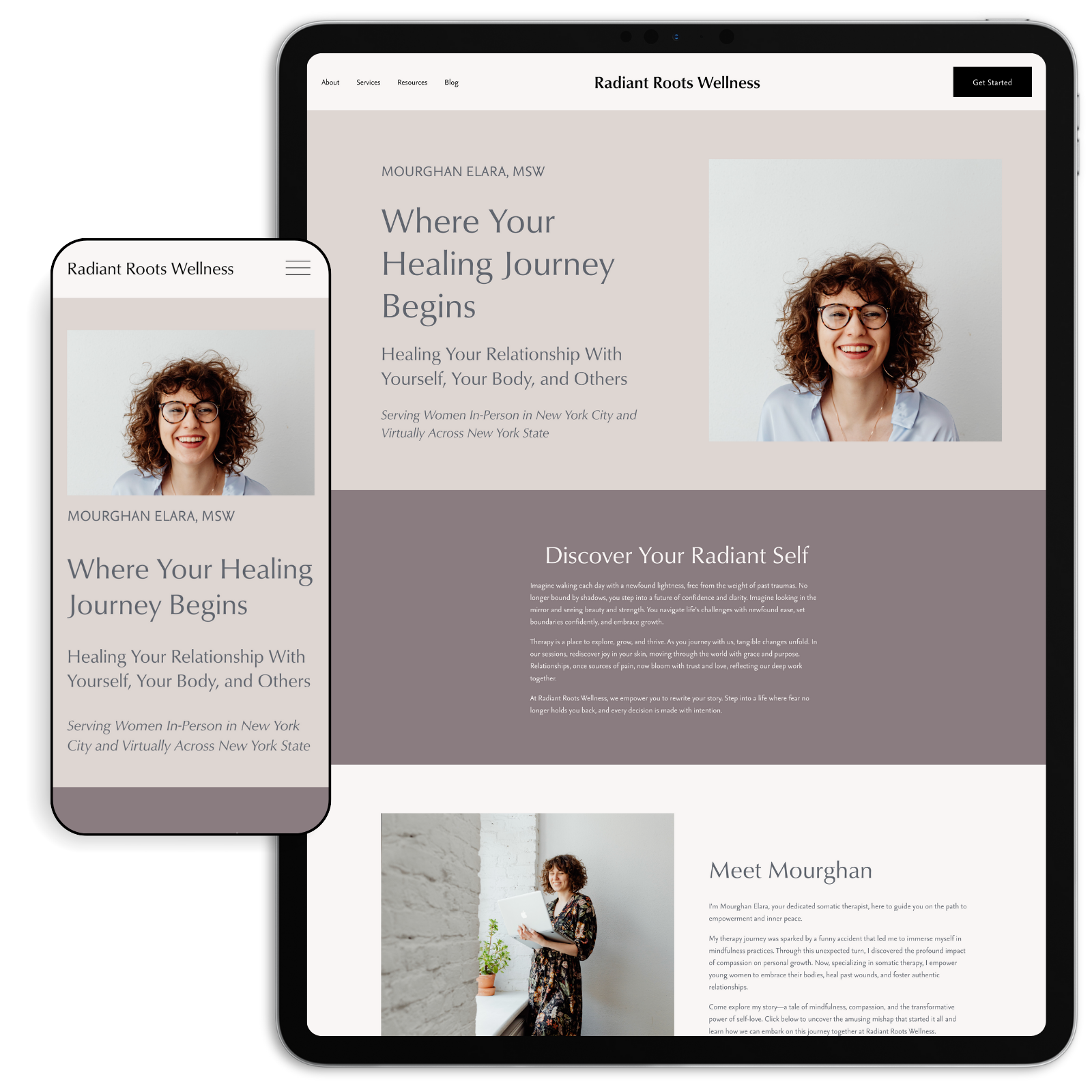 Radiant Roots is a calming website template for private practice therapists. The soft tones and gentle typography offer a serene, professional space for clients to connect with your practice.