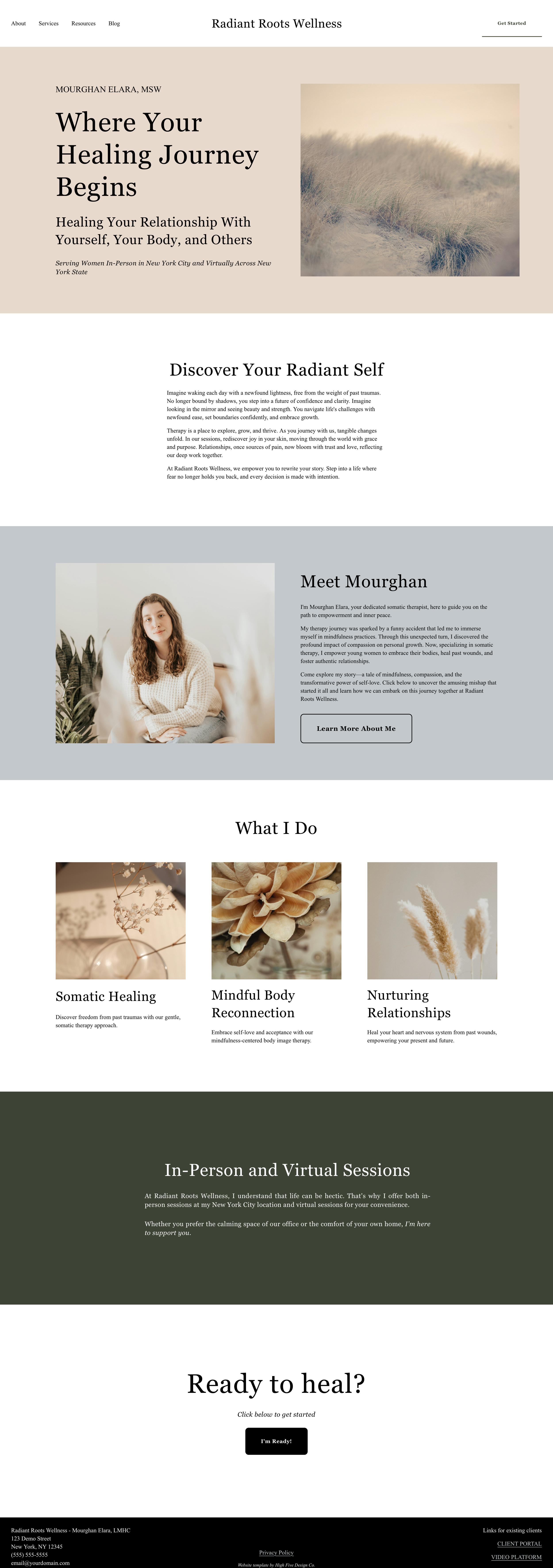 Radiant Roots Wellness homepage featuring a sand dune image, introduction to Mourghan Elara, MSW, and descriptions of services including somatic healing, mindful body reconnection, and nurturing relationships.