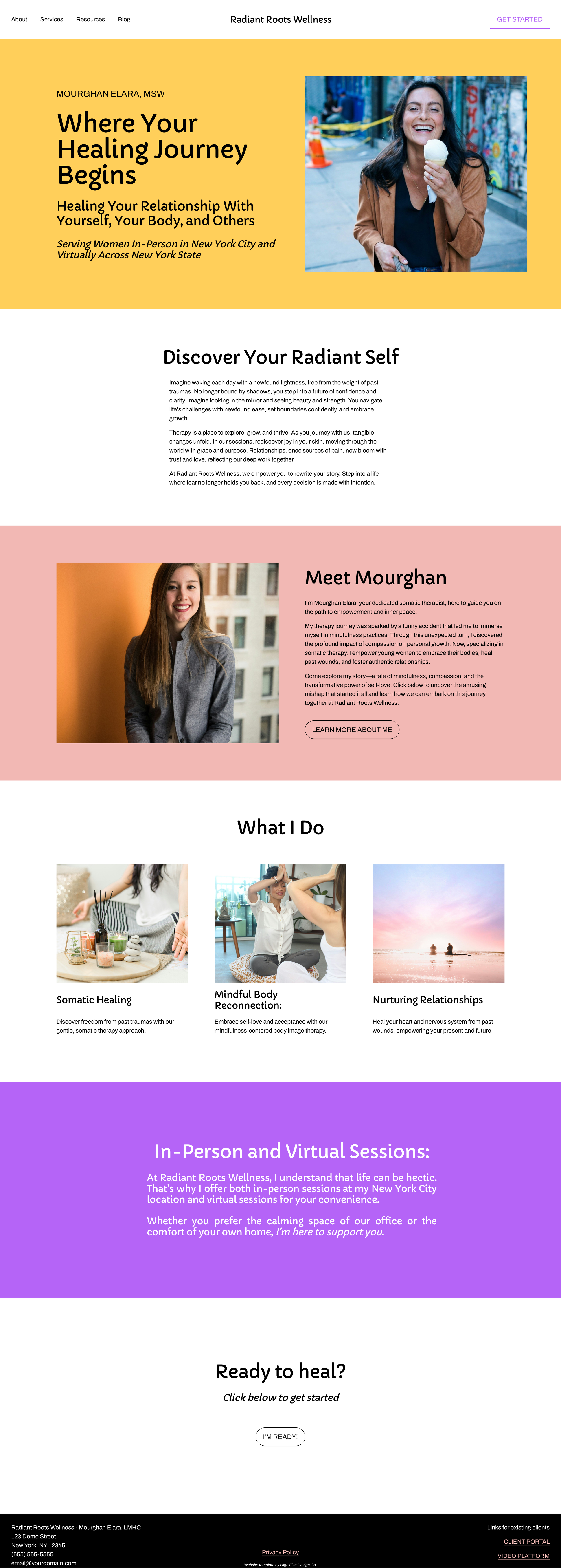 Radiant Roots Wellness website featuring Mourgahn Elara, MSW. Offers somatic healing, mindful body reconnection, and nurturing relationships. Services available in-person in NYC and virtually across NY. Includes contact details and call to action for starting healing journey.