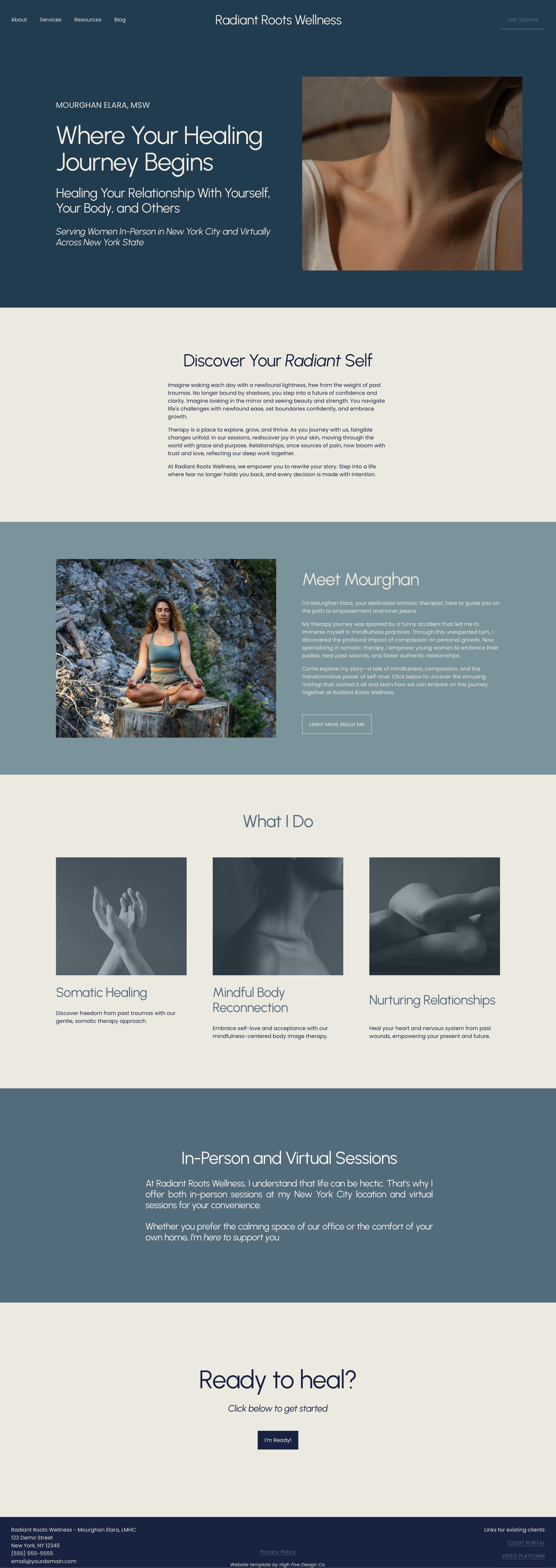 Website homepage for Radiant Roots Wellness featuring therapy services. Includes text about healing and personal growth, images of relaxation scenes, and a contact button for starting sessions. Offers in-person and virtual services for self-discovery and emotional well-being.