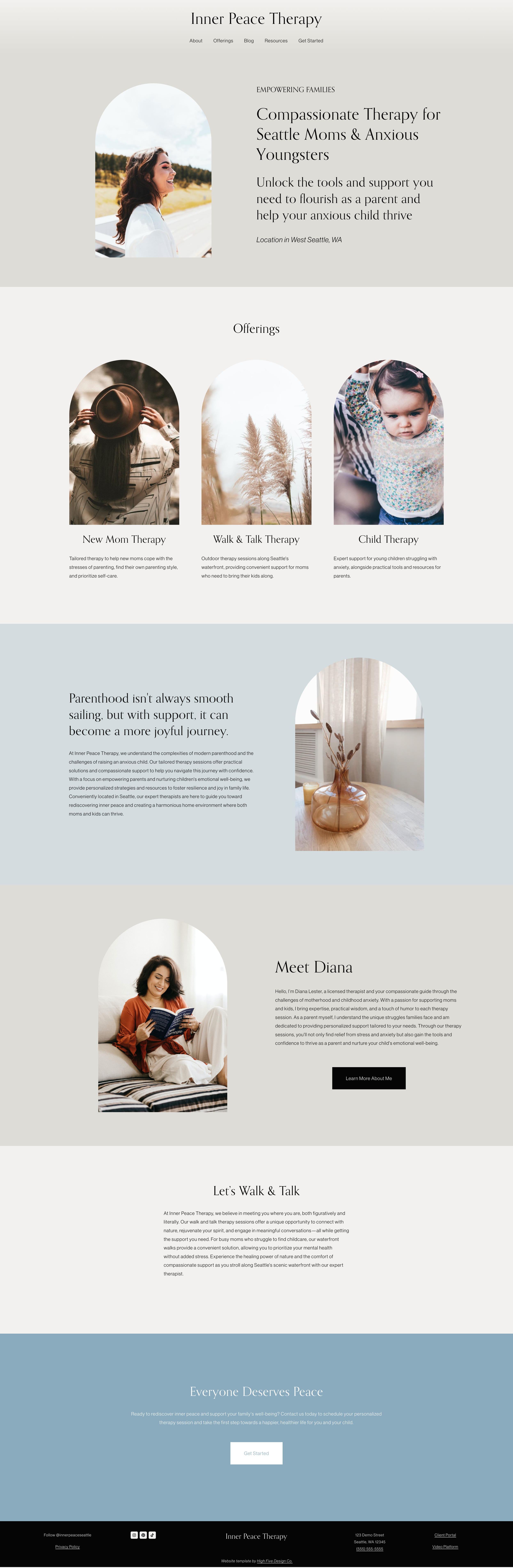 Inner Peace is a serene website template for private practice therapists. Its soft colors and rounded shapes create a calming, welcoming space, guiding visitors through your services with ease and warmth.