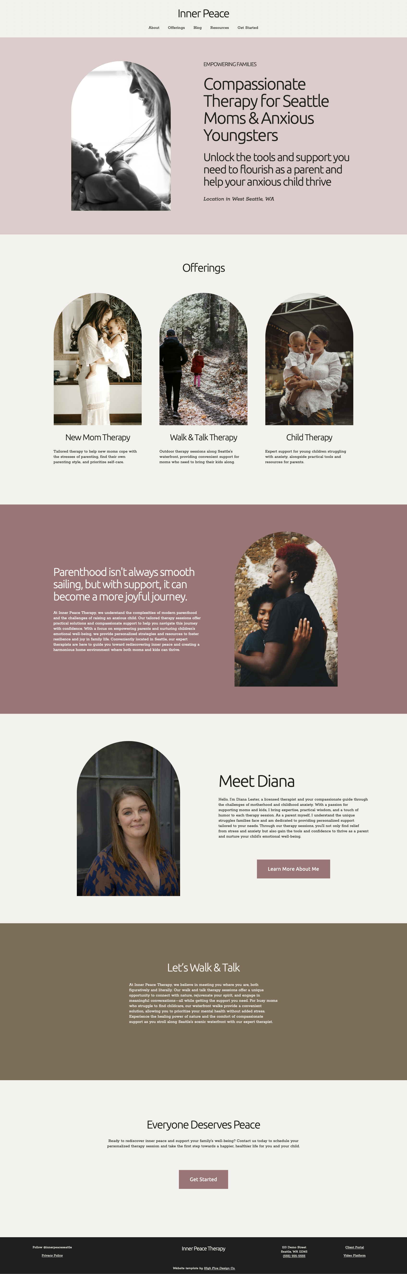 Website homepage for Inner Peace Therapy, offering compassionate therapy for Seattle moms and anxious youngsters. Features include New Mom Therapy, Walk & Talk Therapy, and Child Therapy. The page introduces therapist Diana Larsen, highlighting her passion for parental support. Text sections emphasize the benefits of therapy and encourage potential clients to get started with a session.