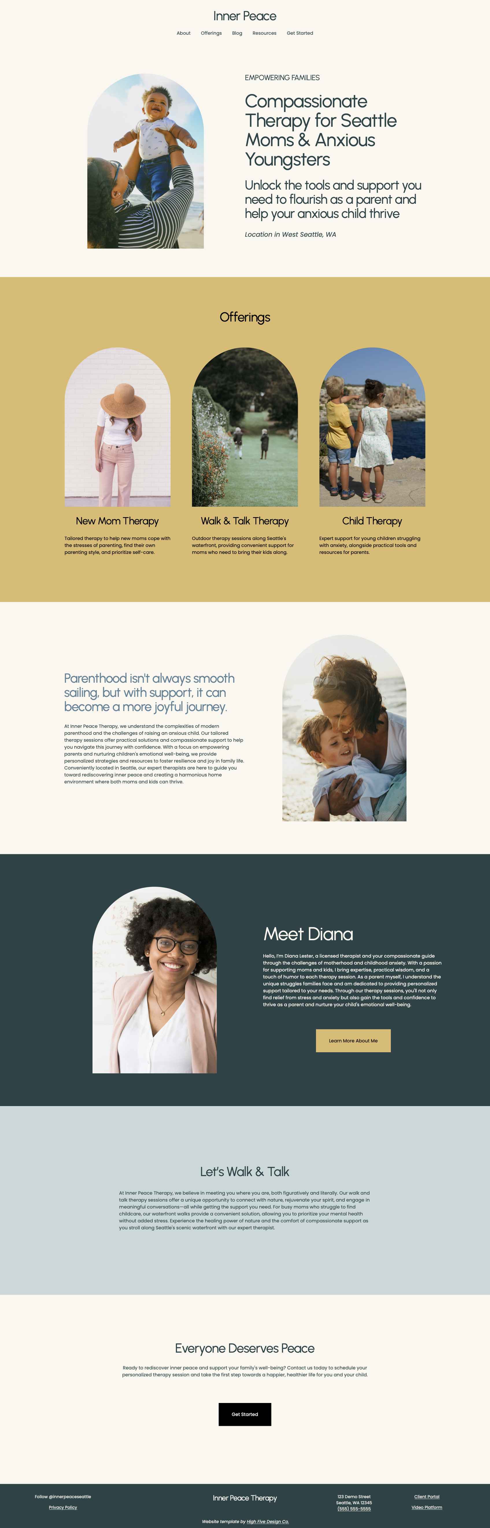 Website for Inner Peace Therapy, offering counseling services. Main section features compassionate therapy for moms and anxious kids in Seattle. Includes services like New Mom Therapy, Walk & Talk Therapy, and Child Therapy. Profile section introduces therapist Diana Lester. Emphasizes supportive therapy for families. Footer provides contact and location information.
