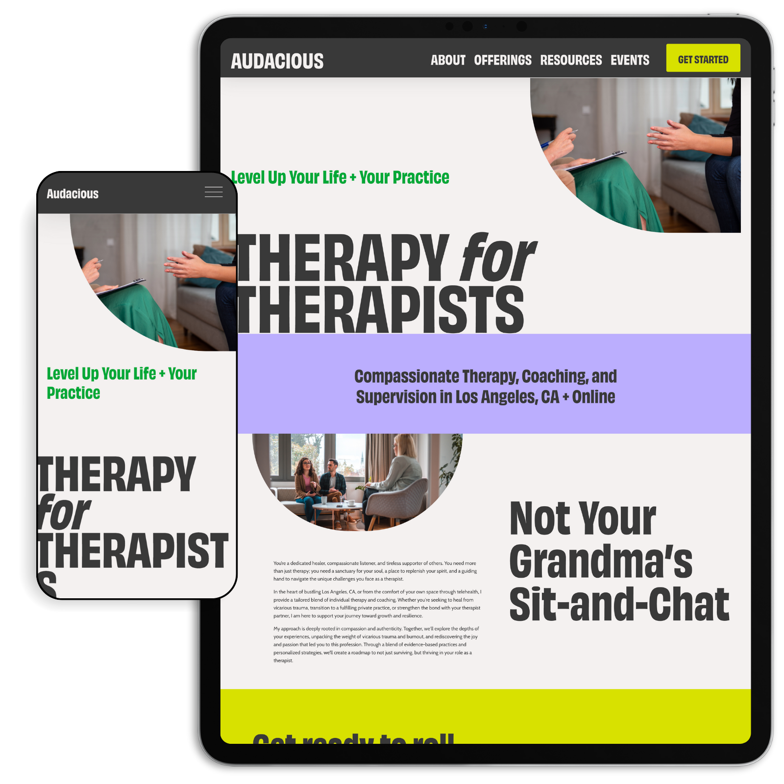 Audacious offers a bold, playful design for private practice therapists. Its dynamic layout and bright color palette help create an engaging, professional website that invites clients to explore your services with ease.