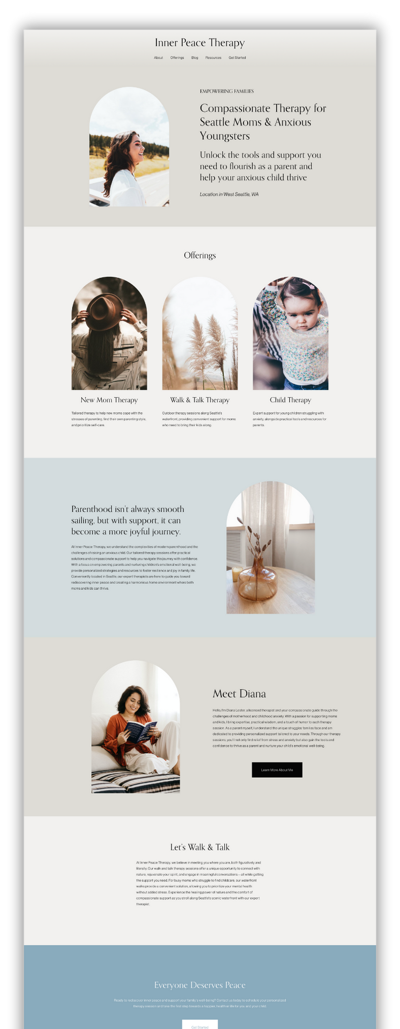 Example of a blue therapy website, focusing on compassionate therapy for Seattle moms and anxious youngsters, featuring images of a smiling woman outdoors, a woman with a hat, a child, and a decorative vase.