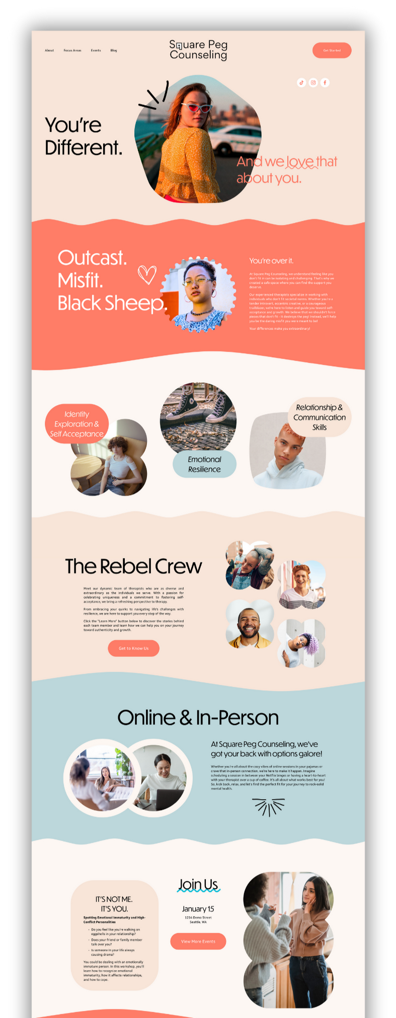 Therapist website homepage featuring images of diverse individuals, with sections about counseling services, team introductions, and event information.
