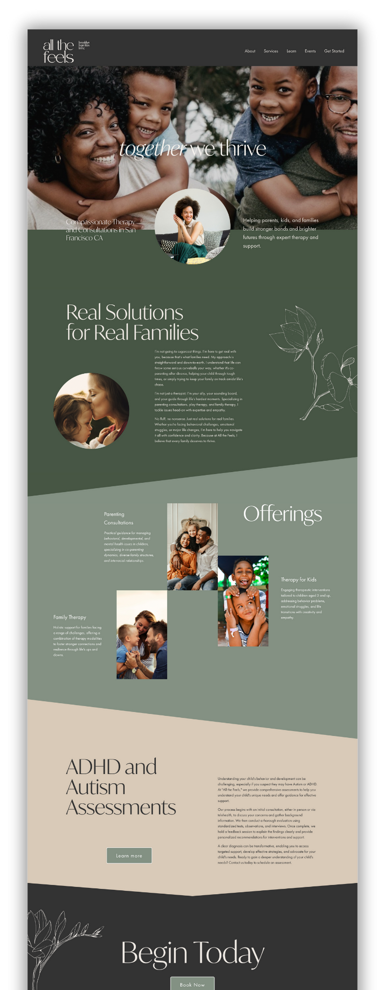 Psychologist website example with photos of smiling children and families, featuring sections for services, offerings, and assessments.