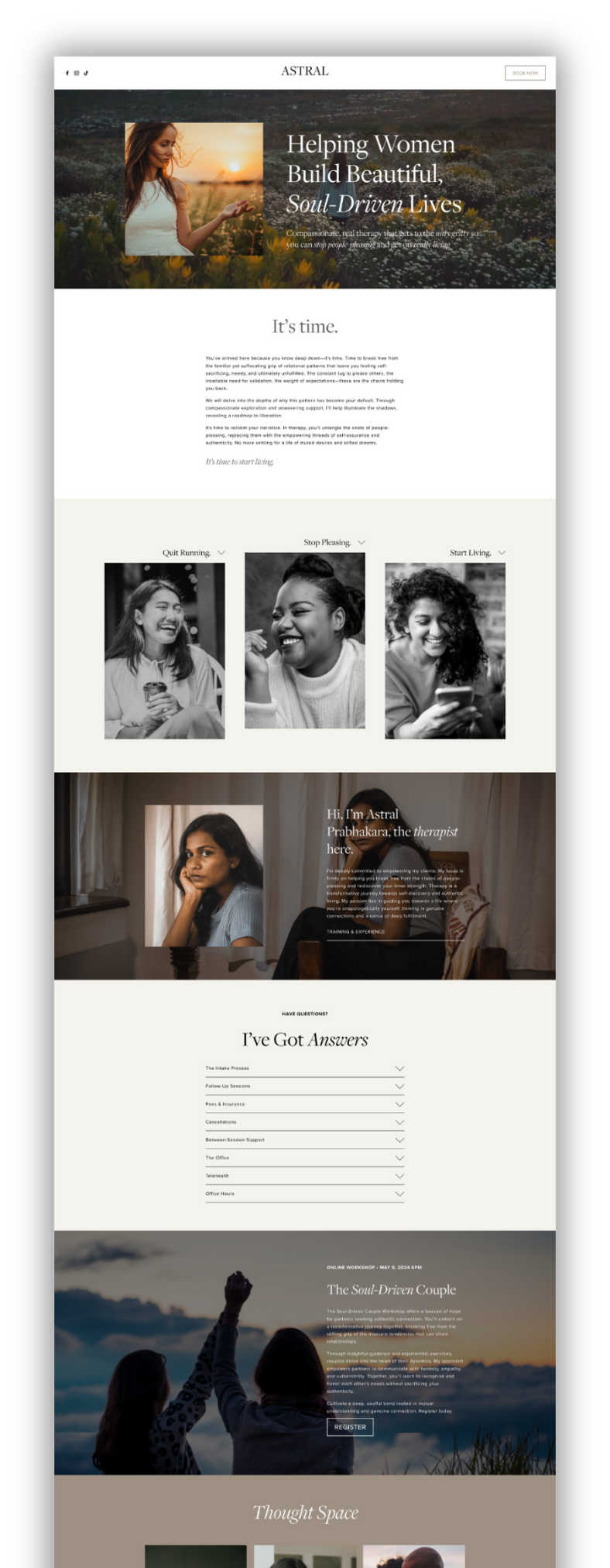 Counseling website template focused on helping women build beautiful, soul-driven lives. Features include a header with navigation, a hero section with a woman's photo, service offerings with photos of women.