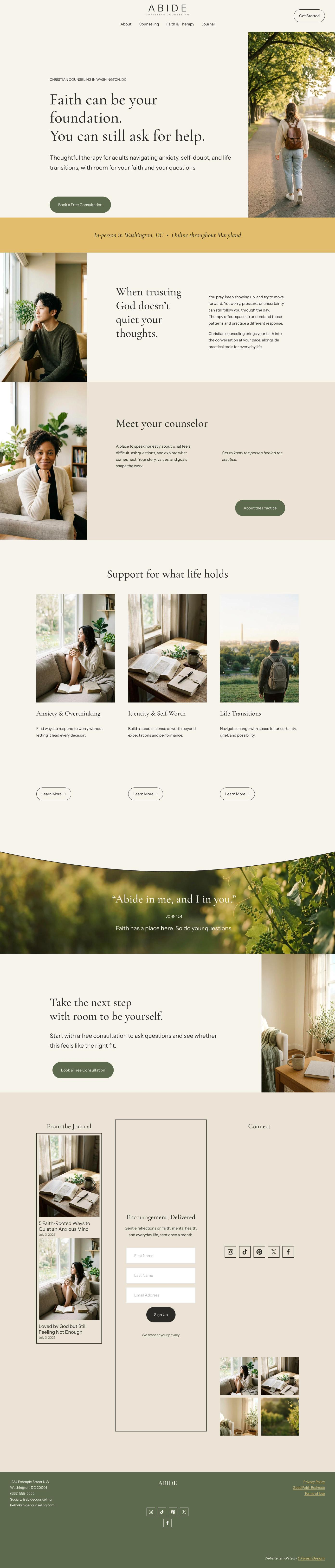 Full-page screenshot of Abide Christian Counseling website homepage featuring faith-based therapy services, counselor portraits, lifestyle photos, service topics, consultation buttons, journal articles, newsletter signup, and contact information.