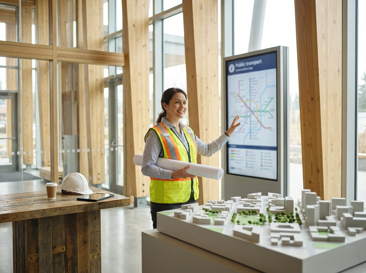 A woman in a construction safety vest and holding blueprints is smiling and pointing at a large digital map of public transportation routes in a modern, wooden and glass building.