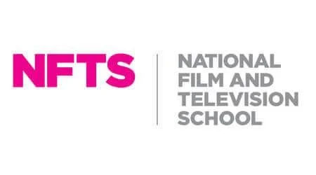 Logo of NFTS, National Film and Television School, with bold pink and gray text on a white background.
