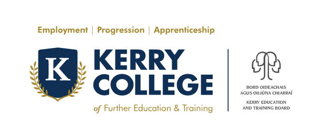 Logo for Kerry College of Further Education & Training featuring a shield with a 'K', laurel branches, and the text 'Employment | Progression | Apprenticeship' alongside the Kerry Education and Training Board emblem.