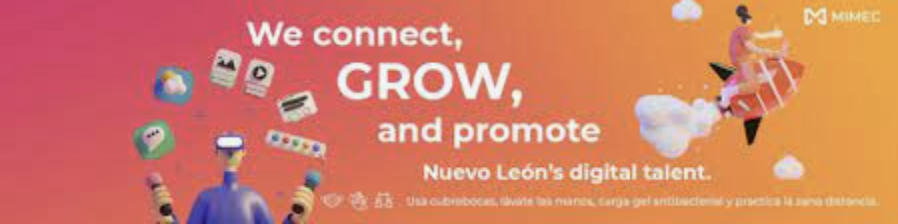 Colorful digital illustration with a VR character surrounded by floating digital elements and text that reads, 'We connect, grow, and promote Nuevo León's digital talent.'