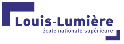 Logo of École Nationale Supérieure Louis-Lumière with blue text and decorative angles.
