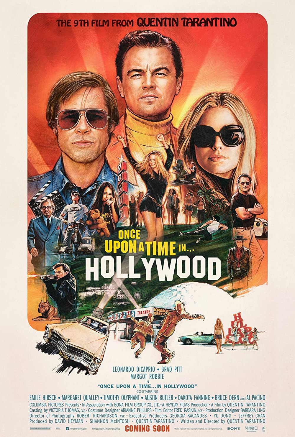 Poster for the movie 'Once Upon a Time in Hollywood,' featuring stylized illustrations of characters and scenes from the film, with the title prominently displayed.