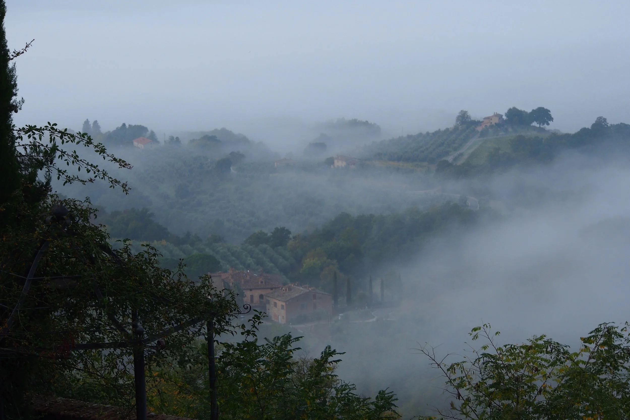 Hilly landscape with scattered houses, trees, and fog rolling through the valley.