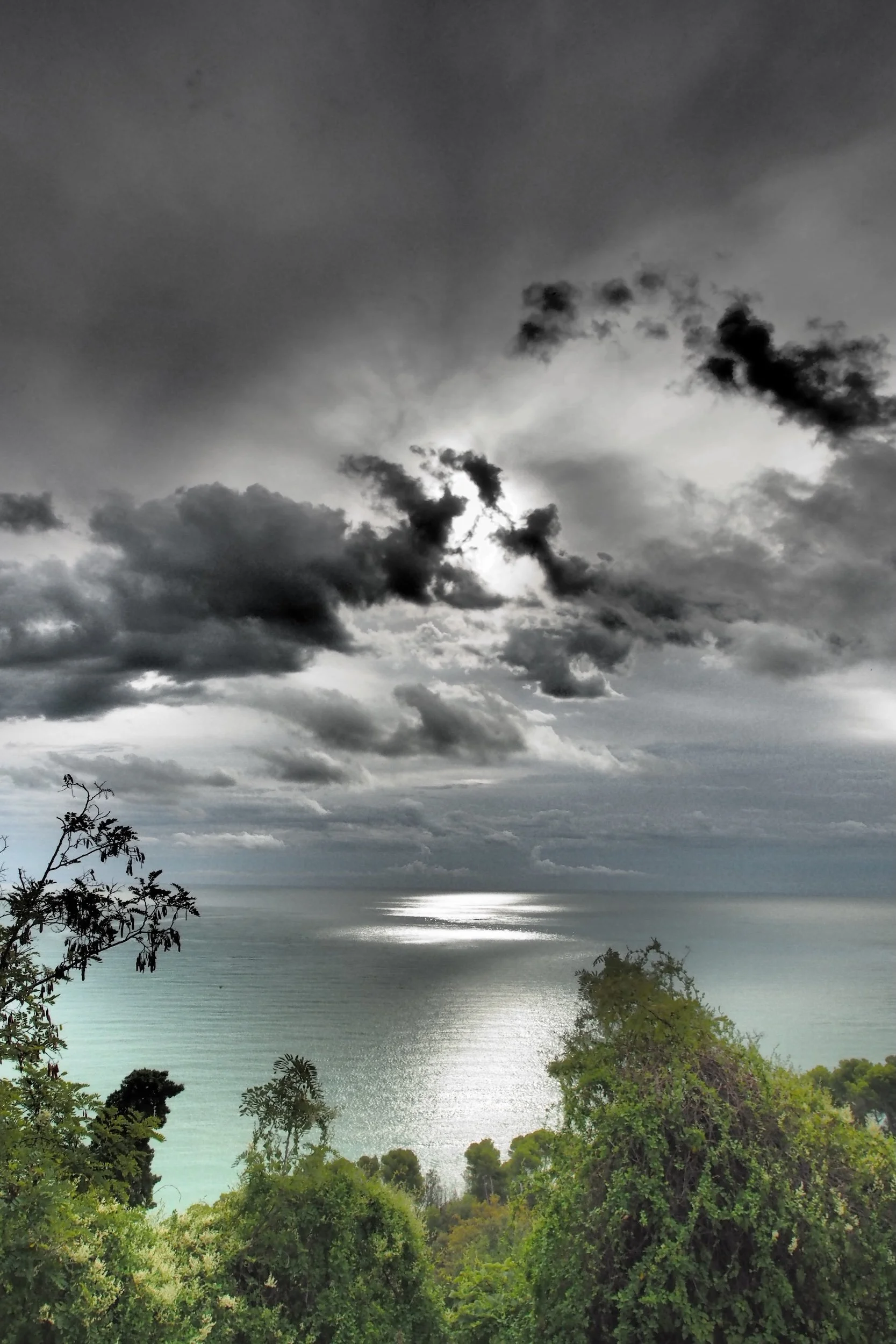 Overcast sky with dark clouds over a body of water, with trees and foliage in the foreground.
