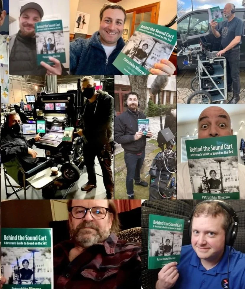 Collage of eight photos featuring people holding a book titled "Behind the Sound Cart: A Veteran's Guide to Sound on the Set" by Patrushkha Mierzwa, in various settings including indoors and outdoors.
